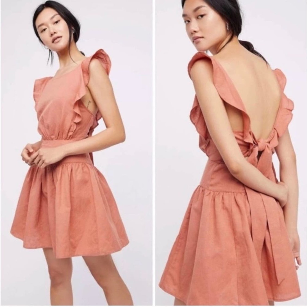 Free People Erin Tie Back Ruffle Sleeve Dress Linen Blend Bronze Orange Sz Small - Picture 1 of 9